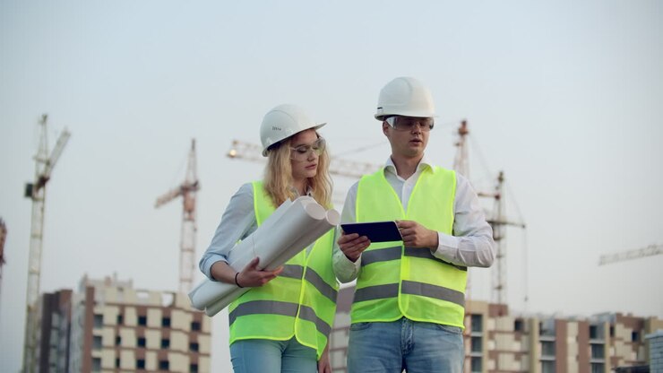 Adult engineer man and architect woman uses a tablet in operation. Writes a message or checks a drawing. Against background is building. See neighborhood and drawings for verification of completed and planned construction works. The work of a crane