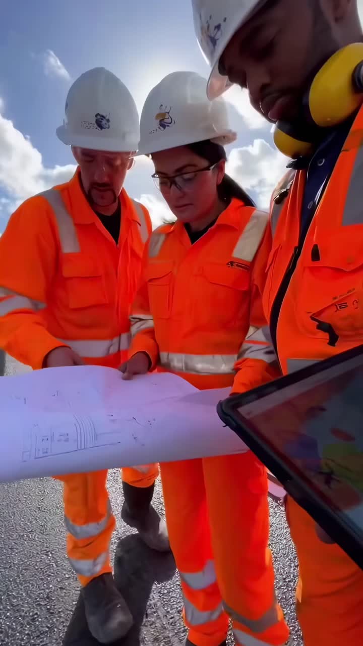Low-angle video of road workers in orange gear surveying under a bright blue sky