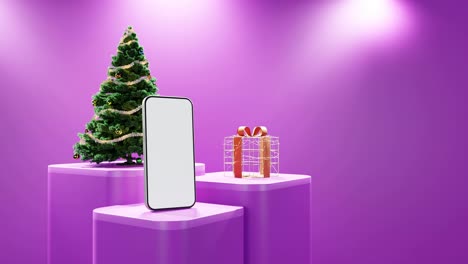 Teléfono-Inteligente,-árbol-De-Navidad-Y-Regalo-Envuelto-Sobre-Fondo-Rosa