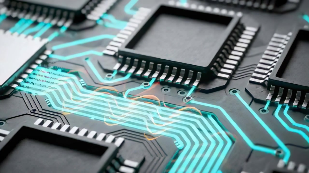 Pulsing PCB with square ICs emitting waveform along cyan traces at studio bench, orange pulses