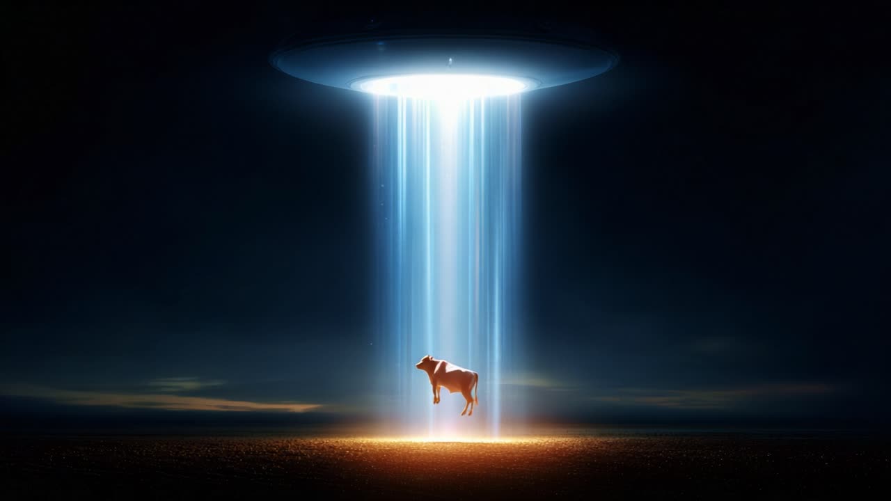 A Mysterious Abduction: An Otherworldly Encounter with a Cow Under an Alien UFO's Beam of Light, Capturing the Essence of Extraterrestrial Fascination and Wonder