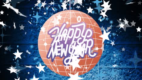 animation of happy new year text in white and purple with stars and pink mirror ball, on blue