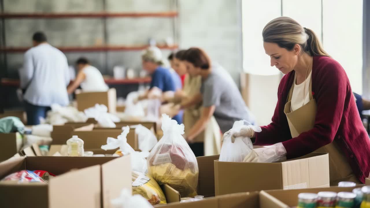 Side-angle video of volunteers packing food boxes in a warehouse