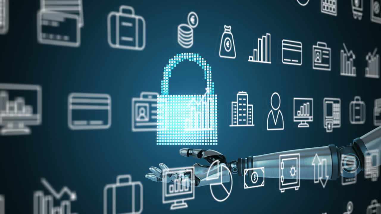 animación del brazo del robot con nube y candado sobre iconos financieros y de negocios