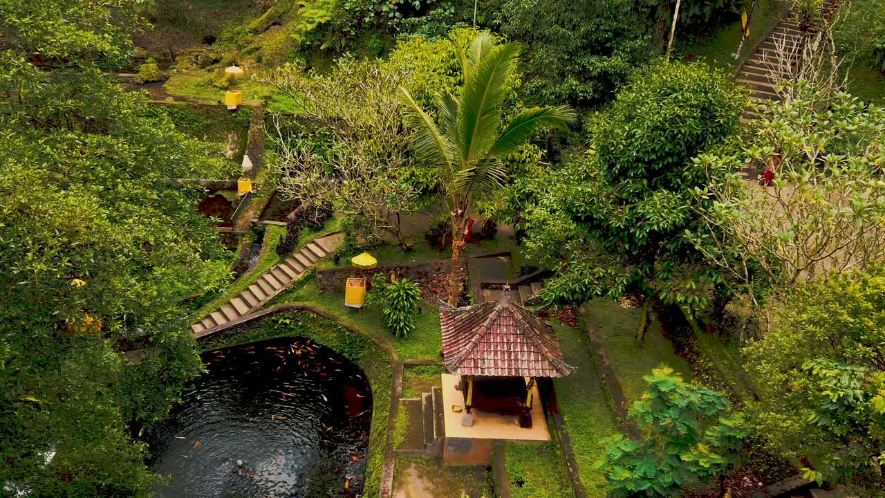 templo balinés de arriba hacia abajo arquitectura de selva exuberante paisaje de estanque de peces koi