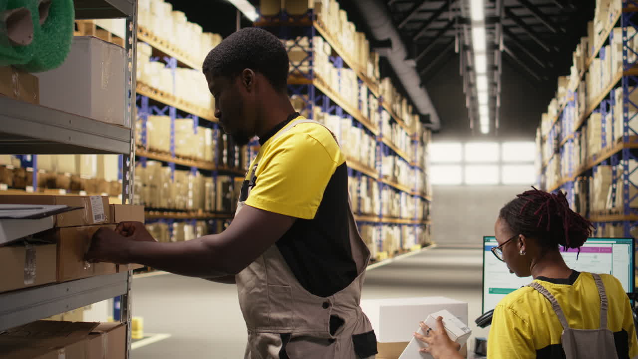 Woman employee placing adhesive shipping labels on boxes in depot