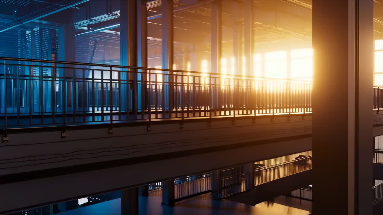 Modern Building Interior with Sunlight and Glass Reflections