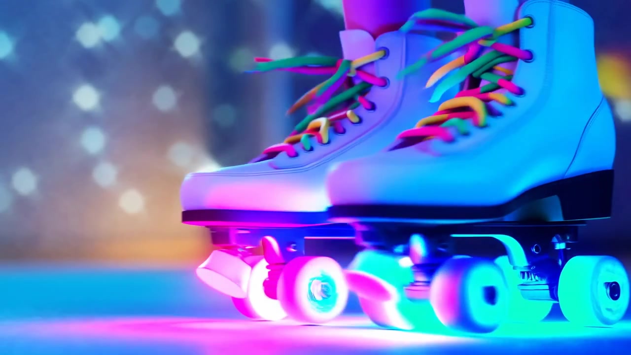 Low-angle close-up of white quad roller skates with braided neon rainbow laces, showing subtle toe lift and weight shift onto rear wheels while resting on glossy studio floor with vivid gel lighting