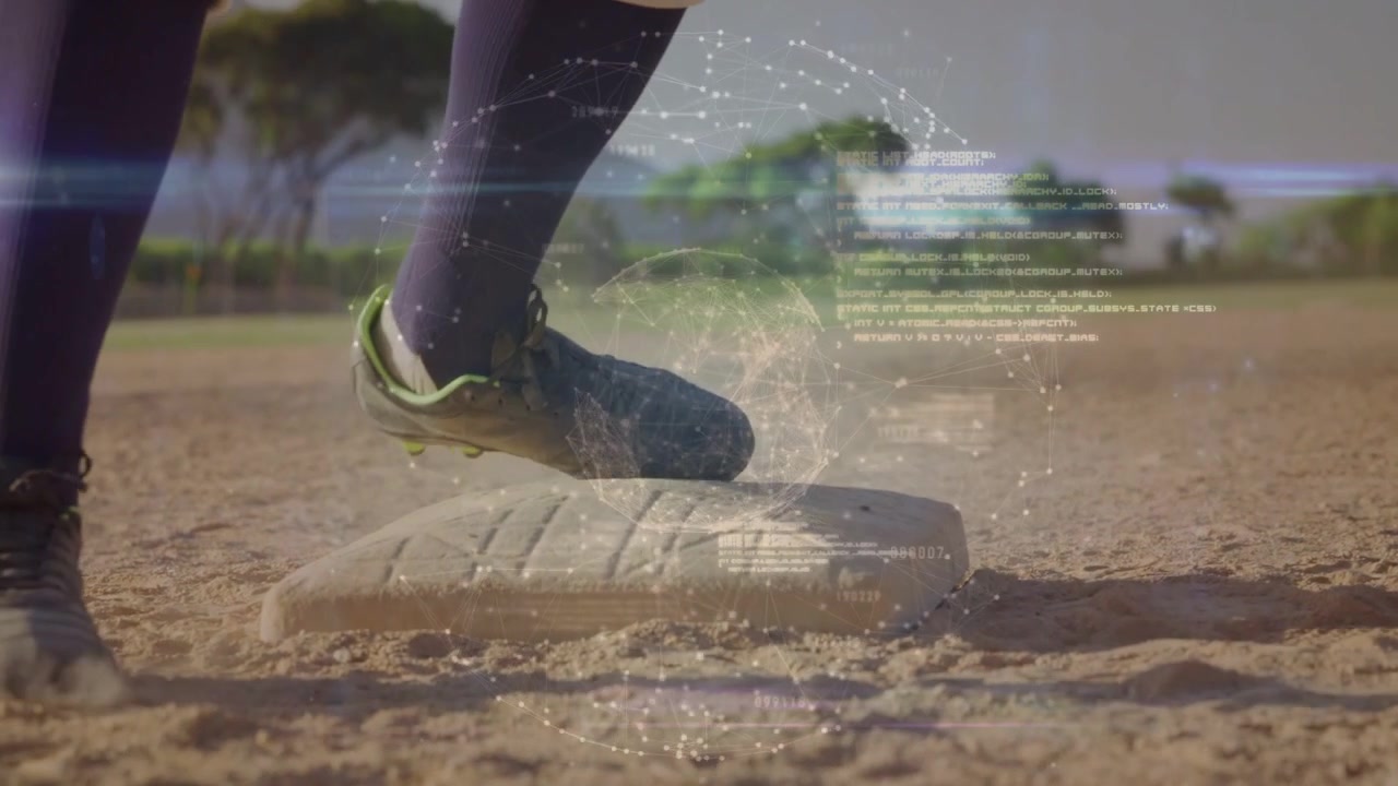 Male player kicking dirt, planting cleat on 1st base aiming safe with globe overlay marking contact