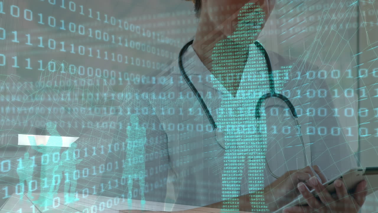 animación de una doctora caucásica que usa una tableta para procesar datos