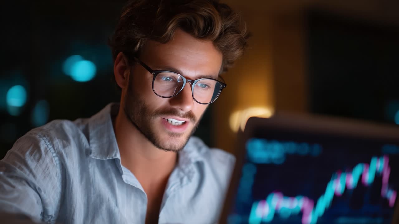 Focused young man analyzing financial data on a laptop screen during night. His expressions of concentration signal dedication to understanding trends and making informed decisions in a digital environment