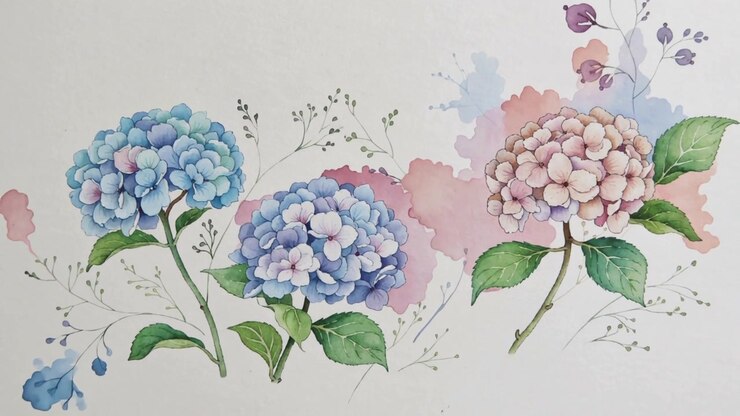 Sequenza di fotogrammi che mostra la creazione di un'opera d'arte ad acquerello: uno studio decorativo di ortensie su carta bianca.