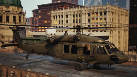 military helicopter in downtown at sunset