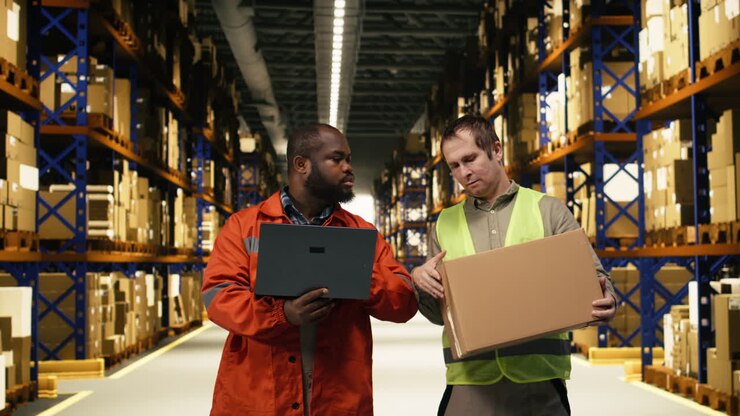 Due colleghi di magazzino che organizzano pallet e pacchi con un laptop