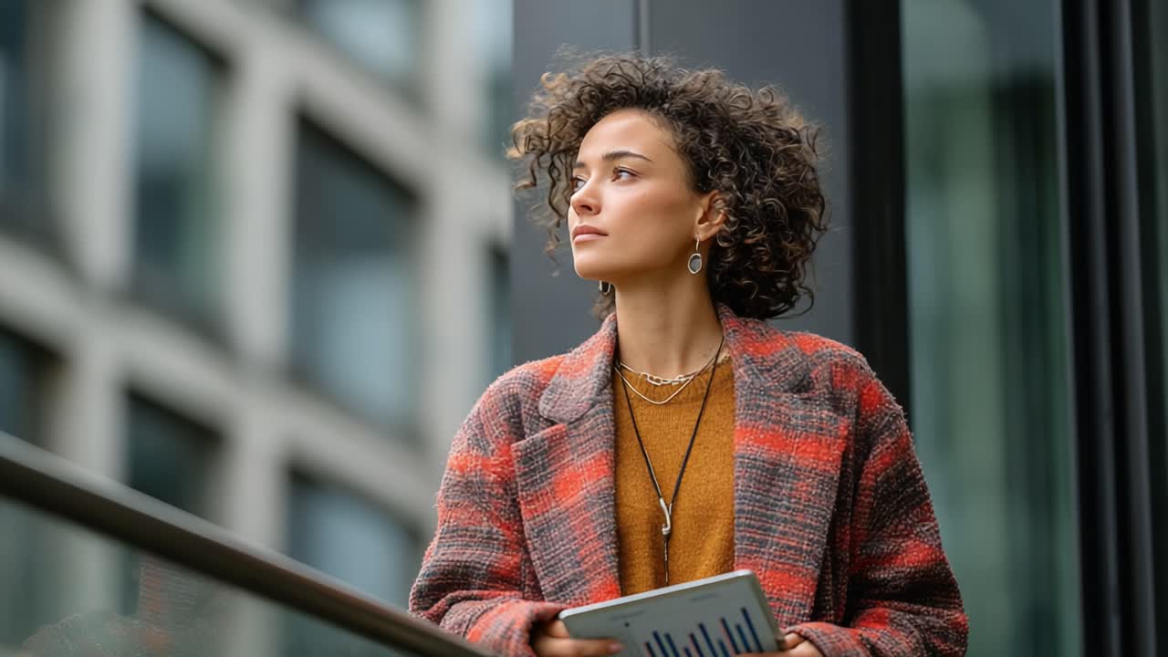 A Thoughtful Woman in a Cozy Sweater and Stylish Jacket Reflects on Her Ideas While Holding a Notepad in an Urban Setting, Embodying Confidence and Creativity