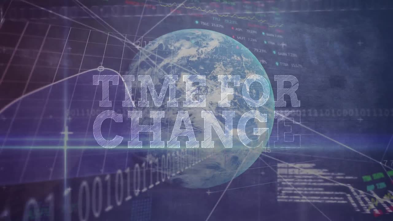 변경 시간의 애니메이션 금융 데이터 처리에 대한 텍스트와 파란색 배경에 대한 지구