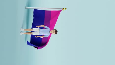 Eine-Vertikale-Flagge-Des-Bisexuellen-Stolzes,-Die-Vor-Blauem-Hintergrund-Weht,-3D-Animation