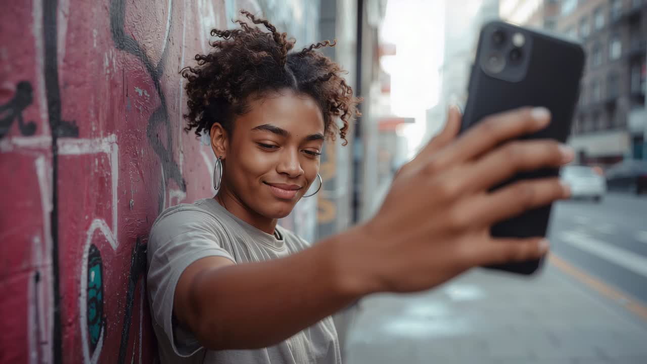 Holding smartphone at arm length, woman with hoops posing and capturing selfie on graffiti wall