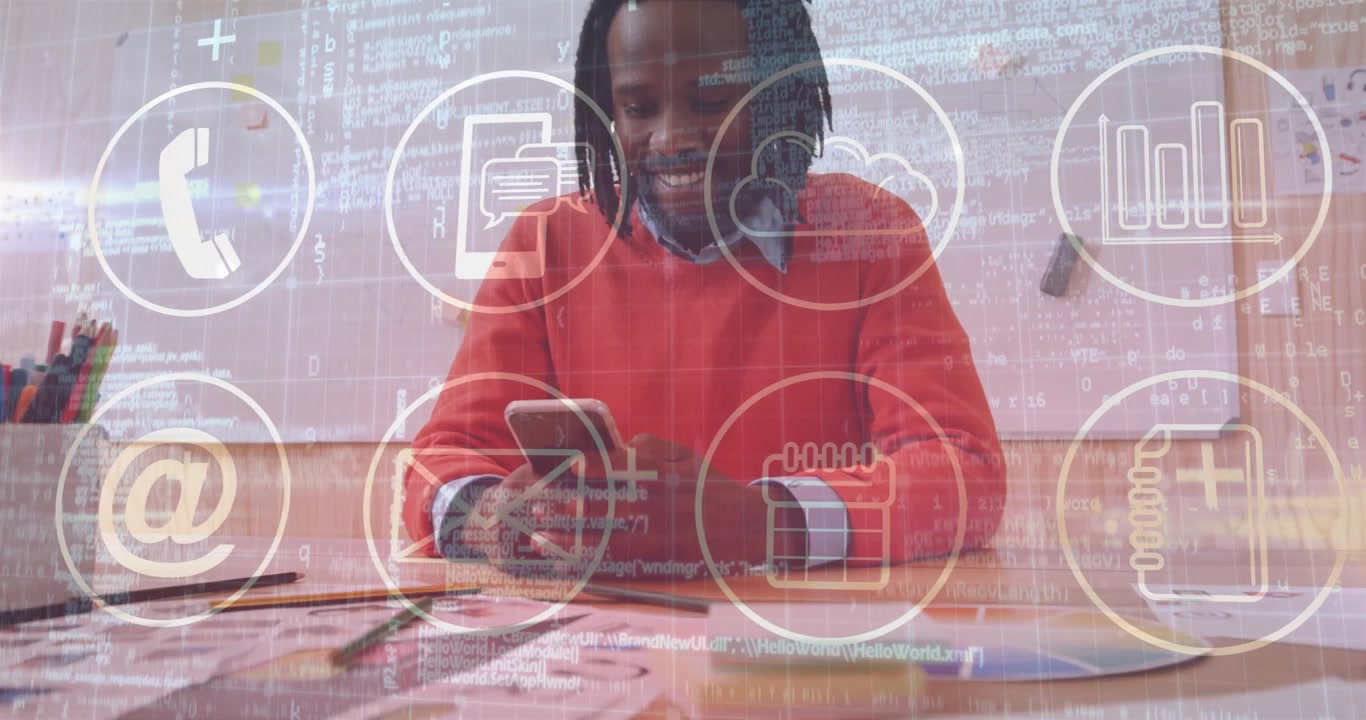 Man Using Smartphone in Office with Digital Data Overlay