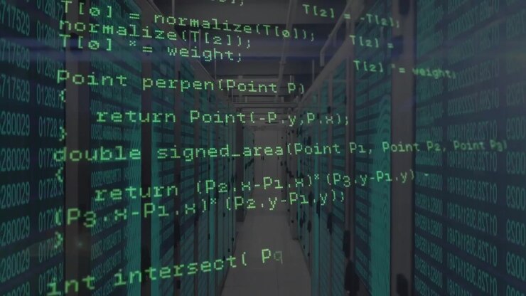 Server corridor showing green code overlay fading then scrolling through functions for logical flow