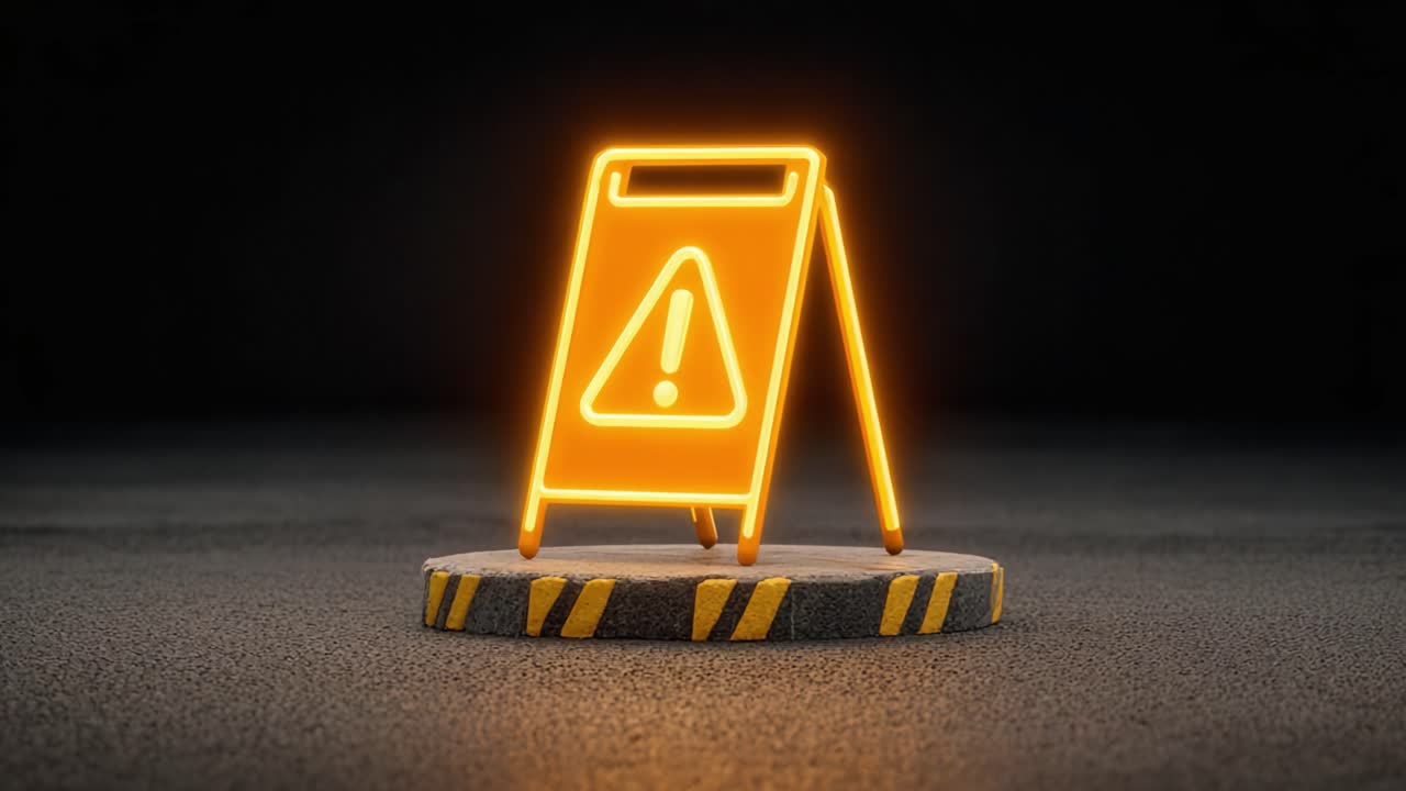 Illuminated Caution Sign: A Vivid Representation of Safety Warnings with a Striking Neon Glow on a Concrete Base, Emphasizing Alertness in Various Environments