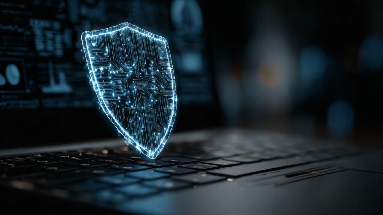 A modern digital shield symbolizing cybersecurity hovers above a laptop keyboard, representing protection against online threats and data breaches in the digital age