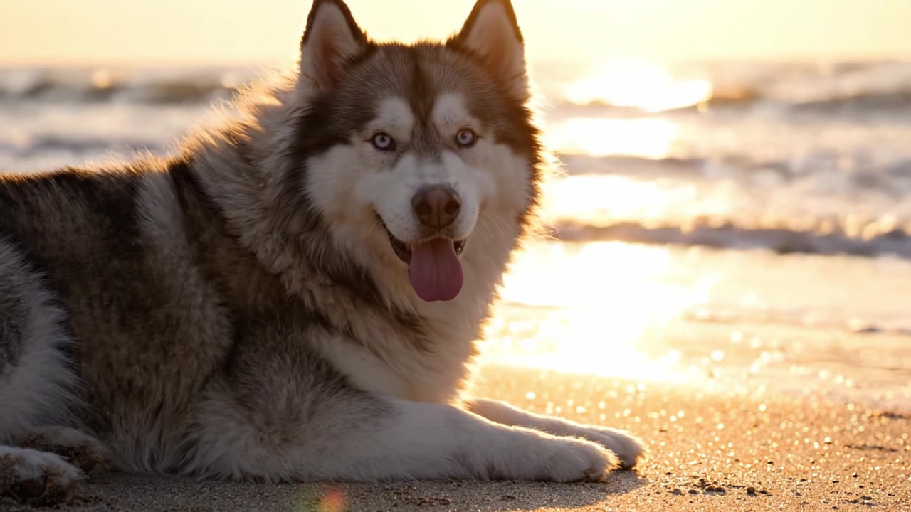 Un cane maestoso che si rilassa sulla spiaggia al tramonto, catturando l'atmosfera pacifica delle onde e della luce dorata che si riflette sulla battigia spumosa.