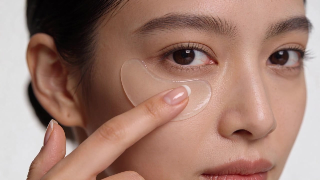 Modella che si aggiusta con il dito indice con french manicure, lisciando un patch occhi in gel in studio per farlo aderire.