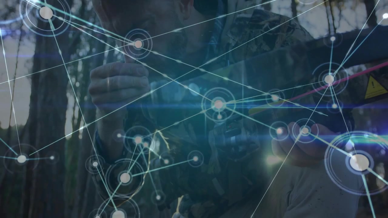 Archer aiming compound bow in forest, with glowing technology network nodes overlaying scenery