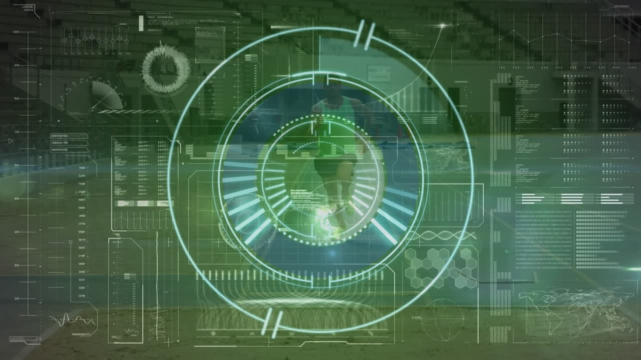 анимация обработки данных над двухрасовым мужчиной-бегуном.