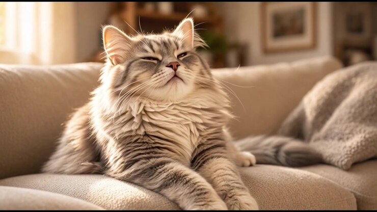 Fluffy Tabby Cat Resting on a Comfortable Sofa
