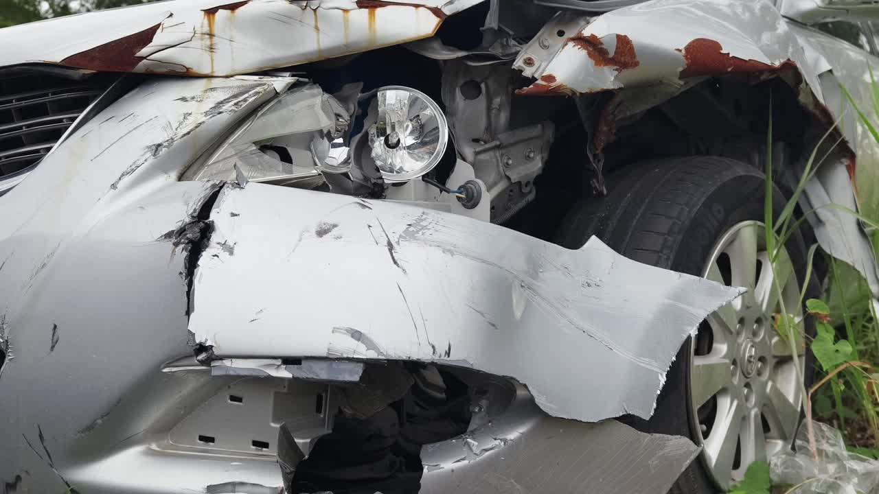 Damaged Silver Car in a Crash