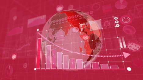 Animation-Von-3D-Covid-19-Zellen-Mit-Globus-Und-Statistiken-Auf-Rotem-Hintergrund