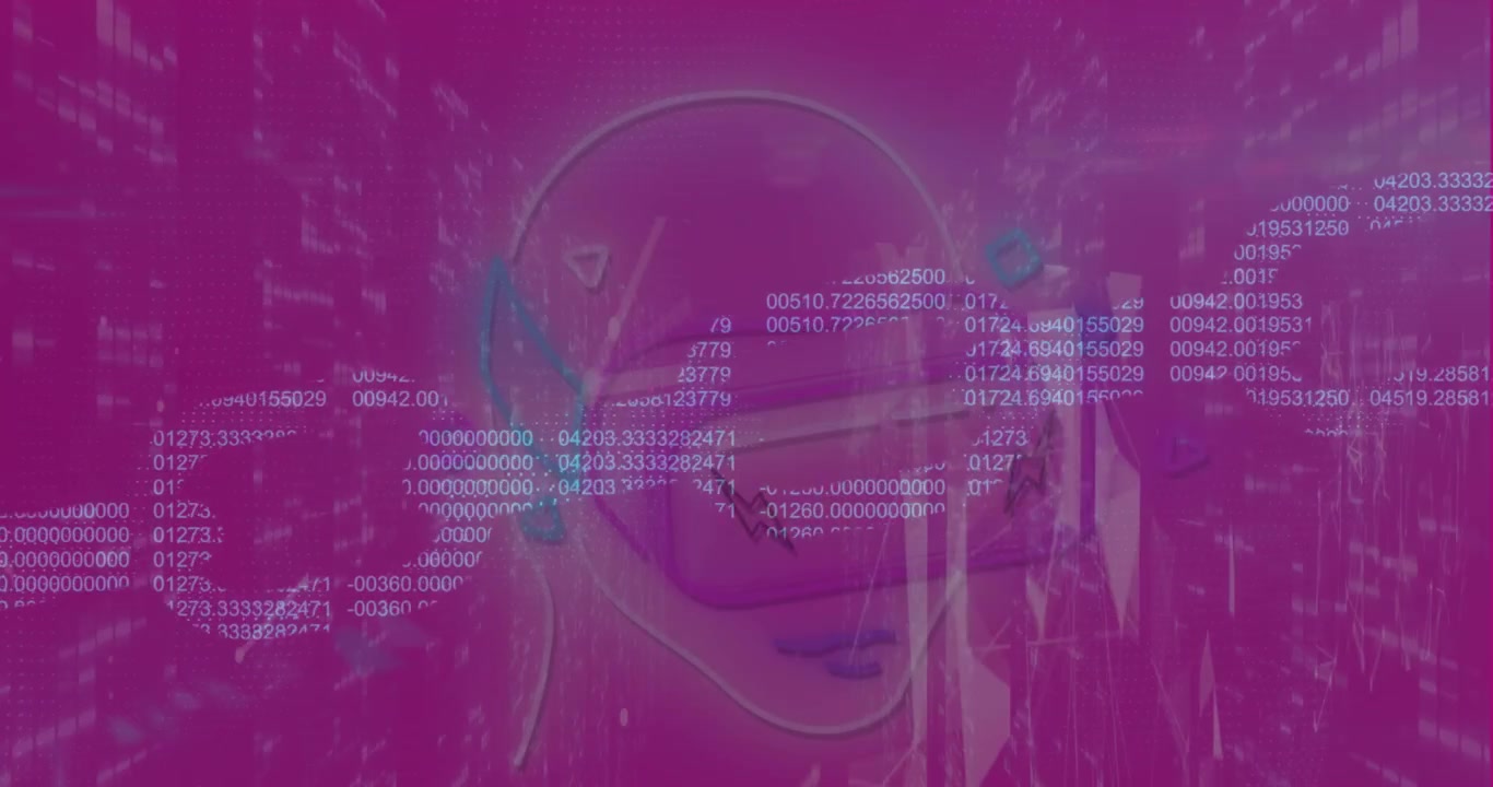 Animation of security chain and man wearing vr headset icon against pink background