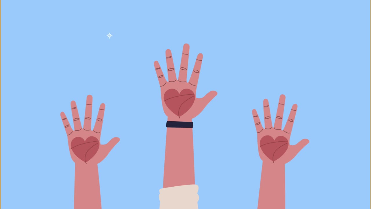 human rights awareness animation with hearts in hands