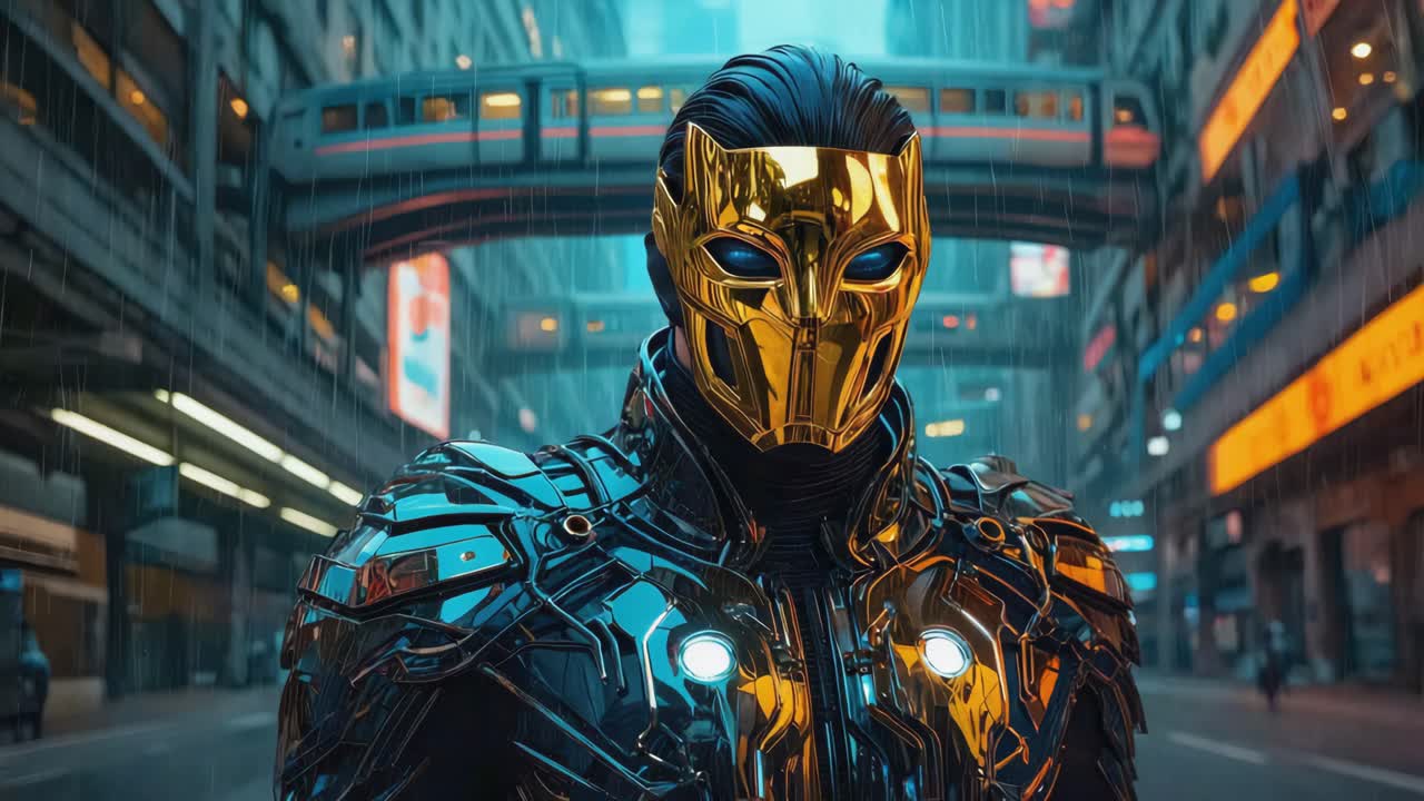 Futuristic Cyborg in Urban Cityscape