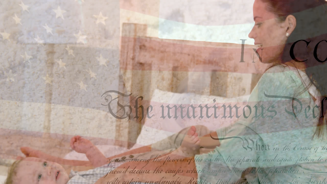 미국 발의 애니메이션과 행복한 백인 어머니가 아기와 함께 놀고 있는 글