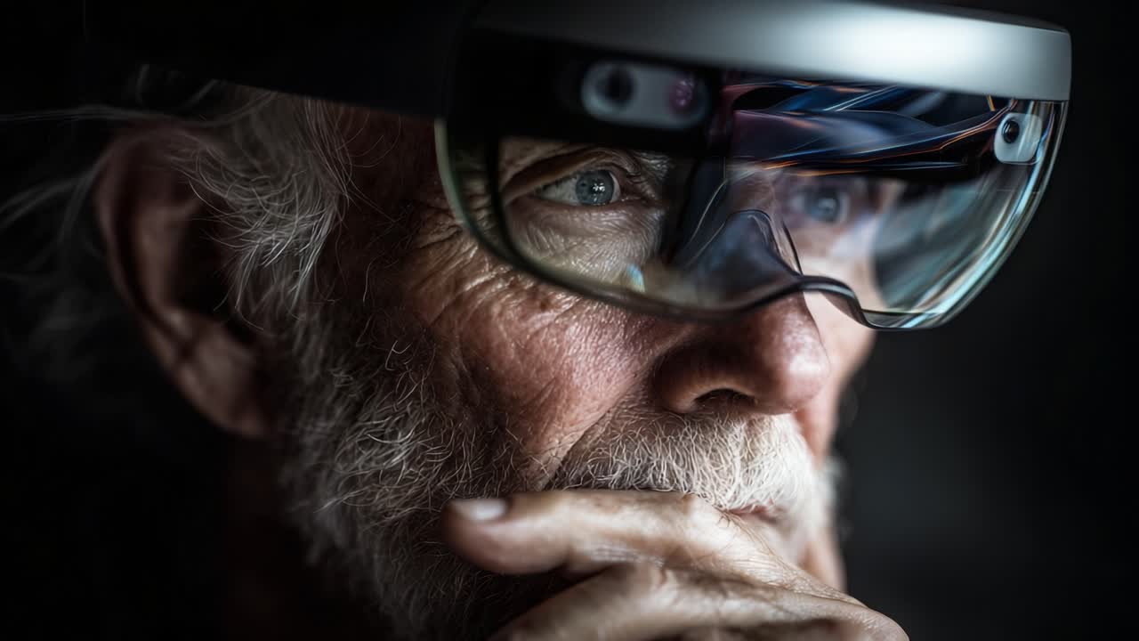 An elderly man wearing advanced augmented reality glasses contemplates the future with deep focus and curiosity, showcasing the unique intersection of technology and human experience in the modern world