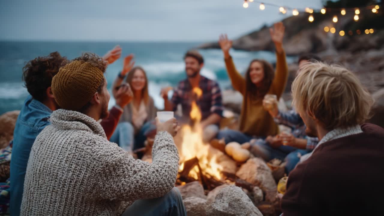 A Joyful Gathering by the Beach: Friends Celebrate Together Around a Campfire as Night Falls, Embraced by the Warmth of Firelight and Laughter Under Twinkling Stars
