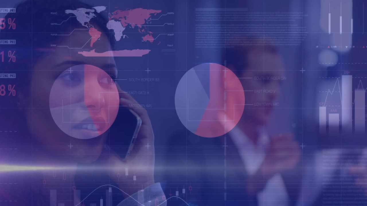 animación de la interfaz infográfica sobre una mujer de negocios biracial hablando en teléfono inteligente en la oficina