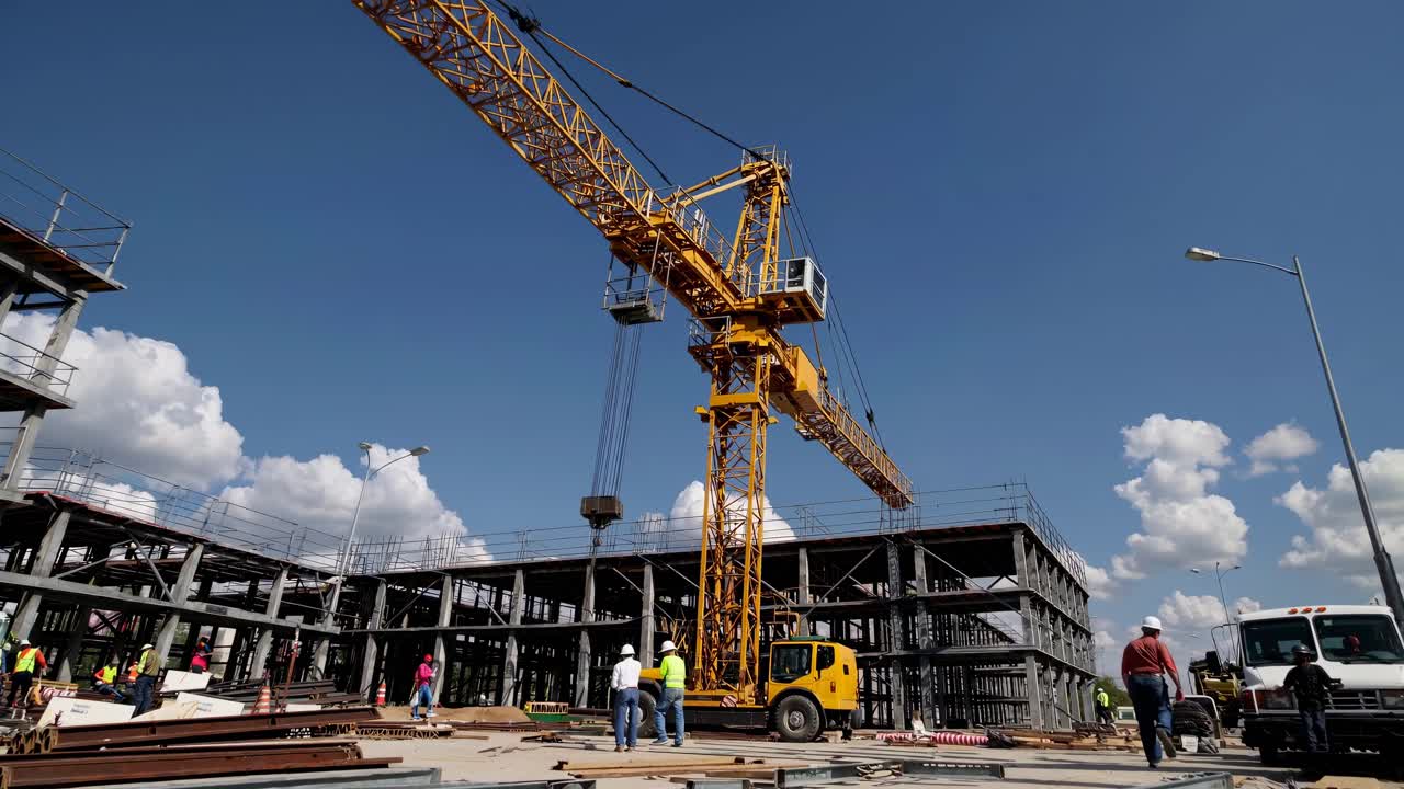 Wide-angle shot of a construction site with a towering crane, workers, and steel framework