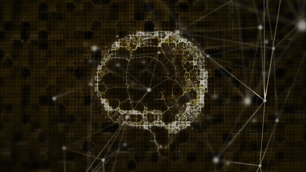 Animation of digital skull pattern with interconnected lines on dark background