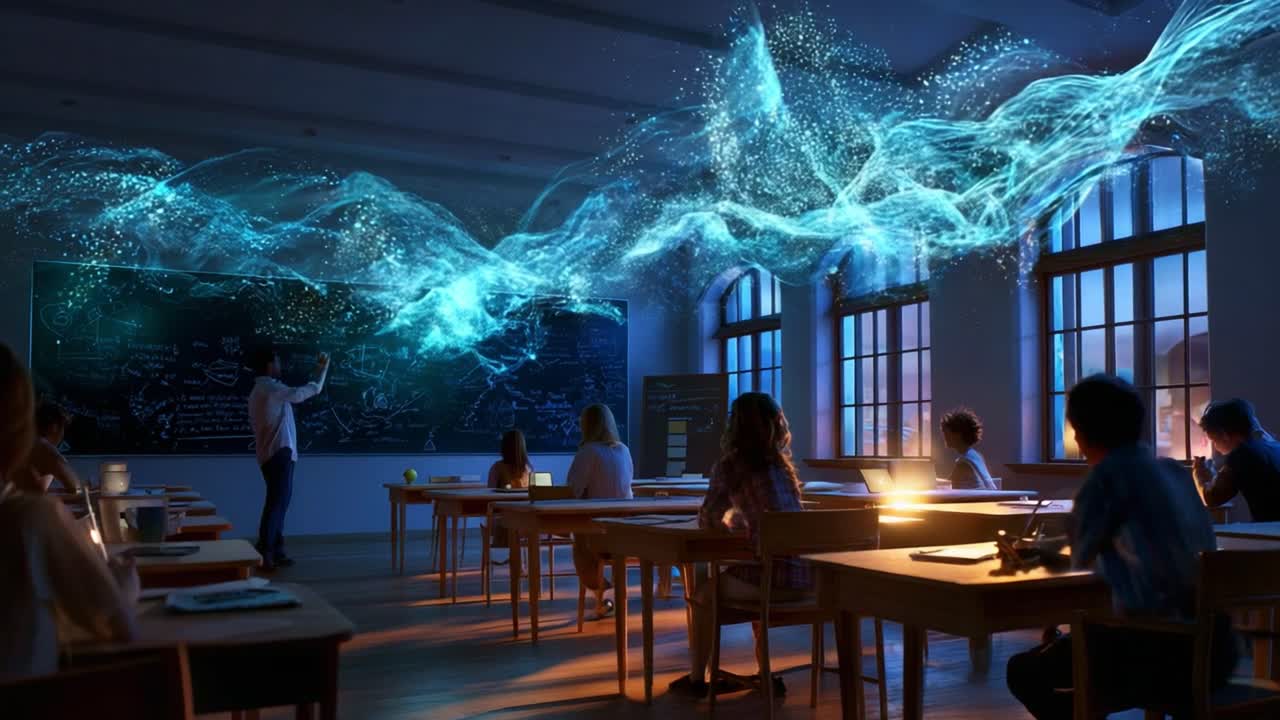 A captivating classroom scene captures an engaging teacher demonstrating a mesmerizing display of light and motion while students attentively observe and absorb the knowledge being shared