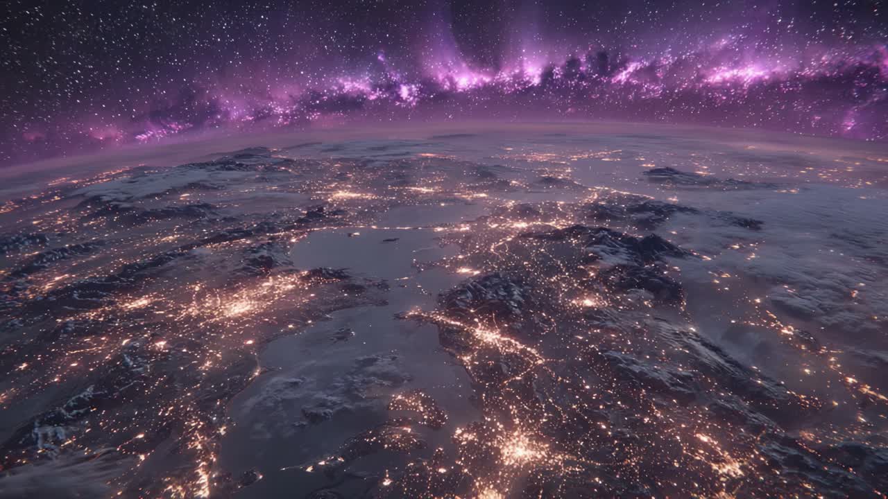 A Stunning View of Earth Illuminated at Night with the Glowing Northern Lights Above, Captured from Space Showcasing Vibrant City Lights and Cosmic Wonders