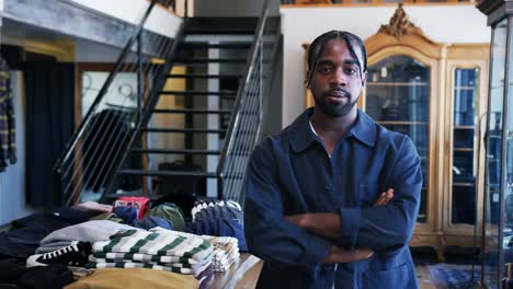 portrait of male owner of fashion store walking into focus and standing in front of clothing display - shot in slow motion