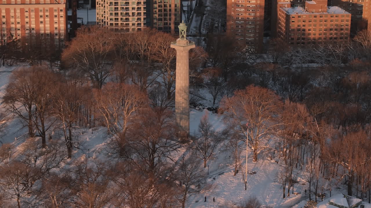 Aerial view of the Prison Ship Martyr's Monument in Fort Greene Park. Shot on a winter morning in Brooklyn, New York