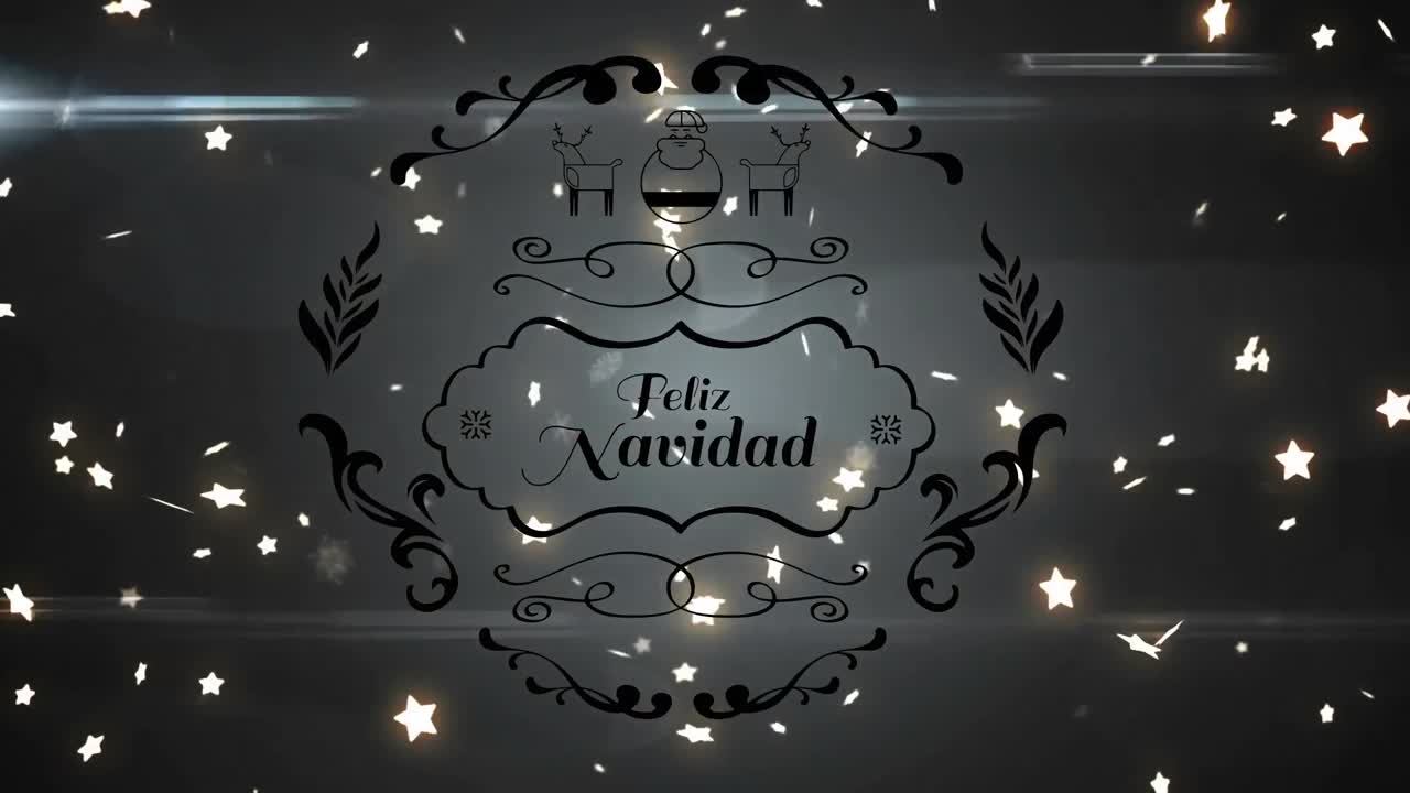 Banner di testo Feliz Navidad con più icone di stelle luminose che fluttuano su sfondo grigio