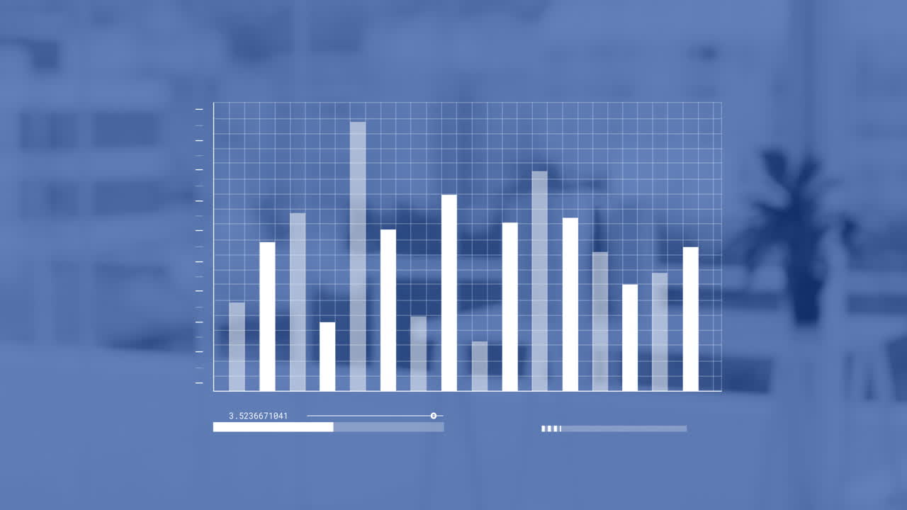 animación de procesamiento de datos y diagramas sobre una oficina vacía
