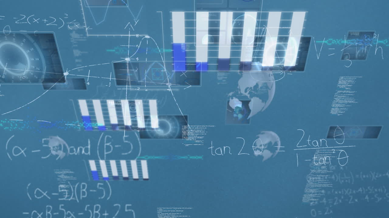 Animation of mathematical equations and data processing on blue background