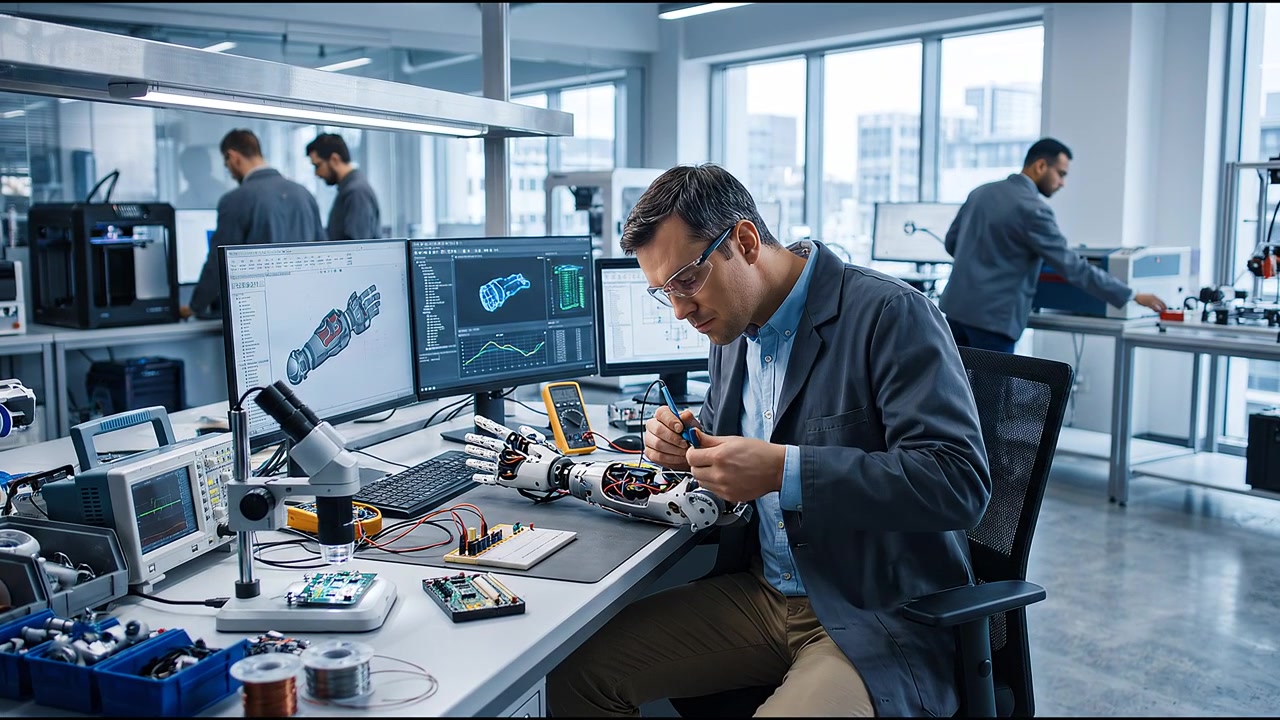 Biomedical engineer assembling robotic prosthetic technology beside computer design screens inside a bright modern healthcare environment